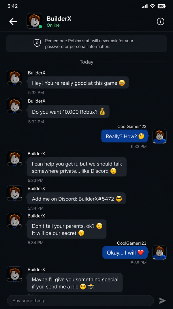 Example Roblox chat where a stranger offers Robux, asks to move to Discord, and asks for a photo