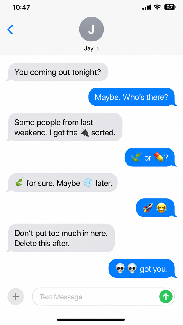 Example text message thread using leaf, pill, snowflake and rocket emojis to coordinate buying drugs