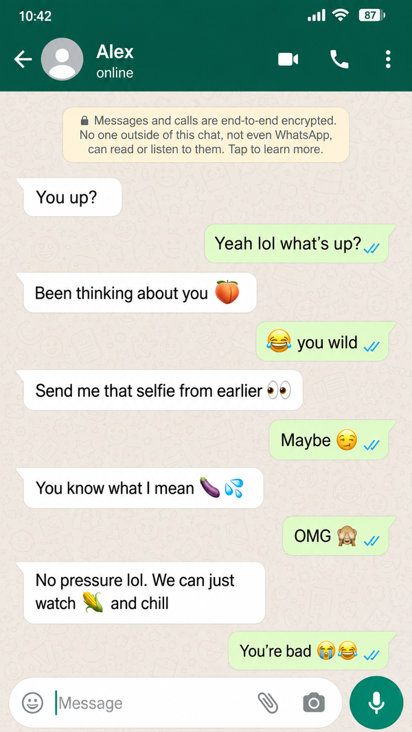 Example WhatsApp conversation using peach, eggplant and corn emojis for flirting and sexual references